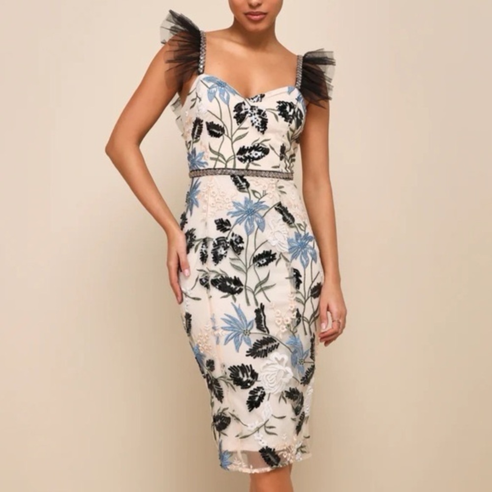 Lulu’s Show Stopper Cream Embroidered Sequin Bodycon Midi Dress Medium